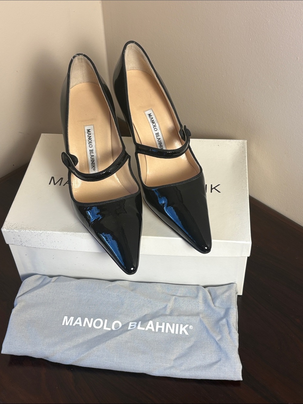 Manolo Blahnik Black Patent Mary Jane Pointed Pumps